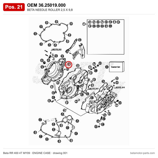 BETA NEEDLE ROLLER 2,5 X 9,8 – OEM 36.25019.000, position 21 on the Beta RR 400 4T MY09 engine case drawing