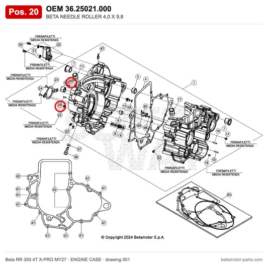 BETA NEEDLE ROLLER 4,0 X 9,8 – OEM 36.25021.000, position 20 on the Beta RR 350 4T X-PRO MY27 engine case drawing
