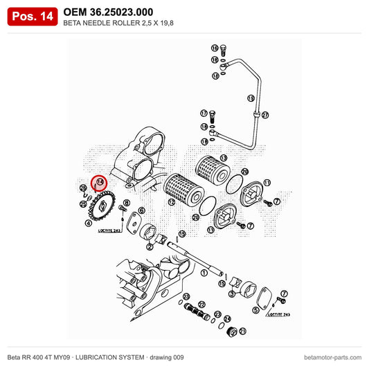 BETA NEEDLE ROLLER 2,5 X 19,8 – OEM 36.25023.000, position 14 on the Beta RR 400 4T MY09 lubrication system drawing
