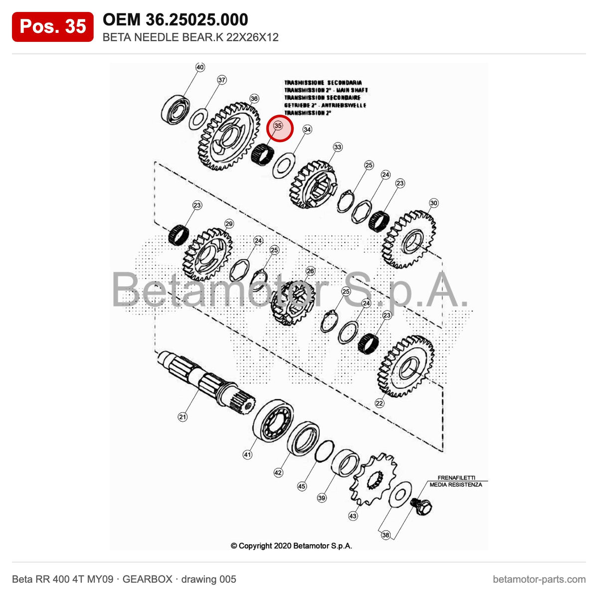 BETA NEEDLE BEAR.K 22X26X12 – OEM 36.25025.000, position 35 on the Beta RR 400 4T MY09 gearbox drawing