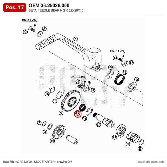 BETA NEEDLE BEARING K 22X26X10 – OEM 36.25026.000, position 17 on the Beta RR 400 4T MY09 kick starter drawing