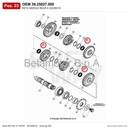 BETA NEEDLE BEAR.K 22X26X10 – OEM 36.25027.000, position 23 on the Beta RR 400 4T MY09 gearbox drawing