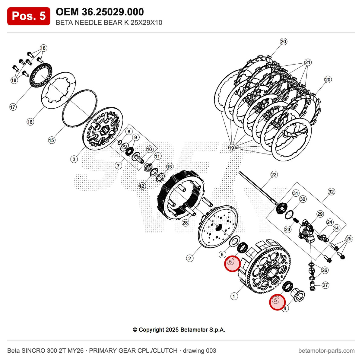 BETA NEEDLE BEAR K 25X29X10 – OEM 36.25029.000, position 5 on the Beta SINCRO 300 2T MY26 primary gear cpl./clutch drawing