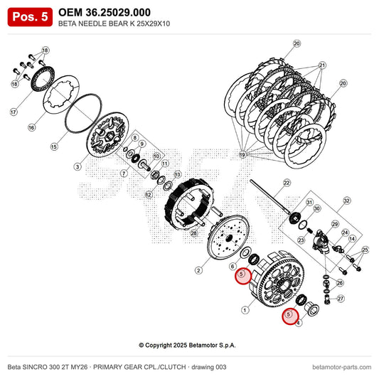 BETA NEEDLE BEAR K 25X29X10 – OEM 36.25029.000, position 5 on the Beta SINCRO 300 2T MY26 primary gear cpl./clutch drawing