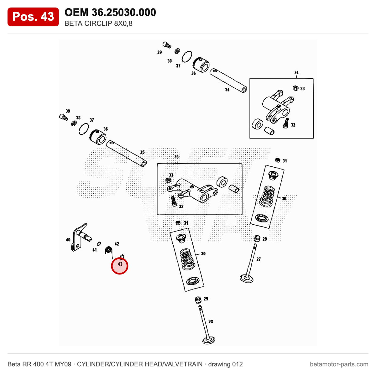 BETA CIRCLIP 8X0,8 – OEM 36.25030.000, position 43 on the Beta RR 400 4T MY09 cylinder/cylinder head/valvetrain drawing