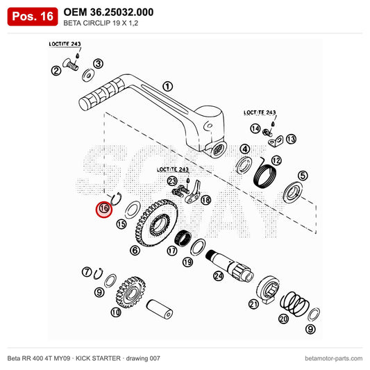 BETA CIRCLIP 19 X 1,2 – OEM 36.25032.000, position 16 on the Beta RR 400 4T MY09 kick starter drawing