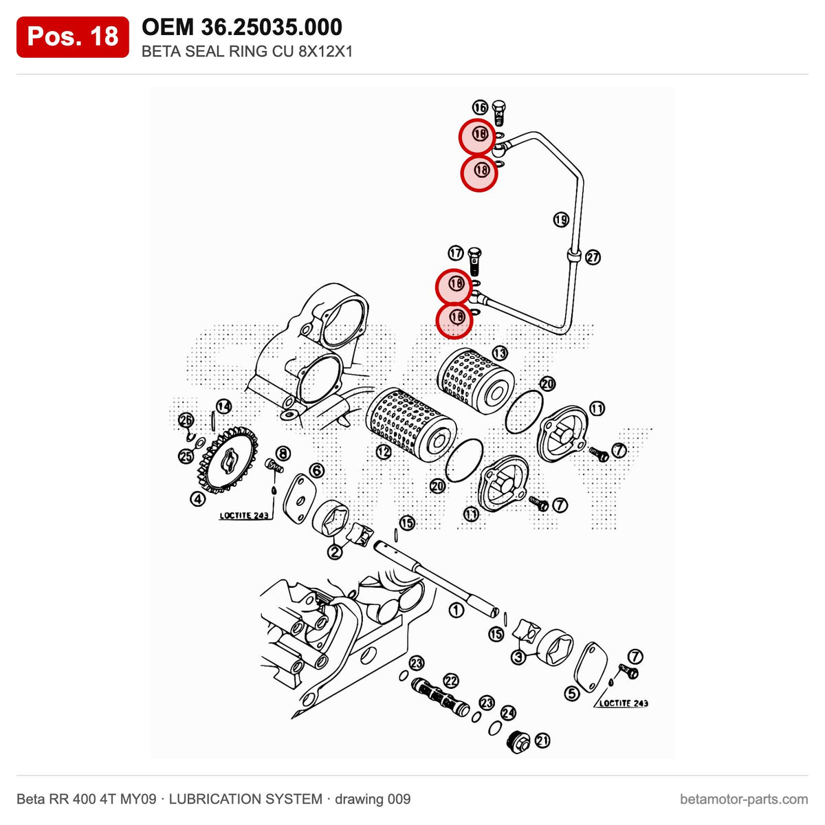 BETA SEAL RING CU 8X12X1 – OEM 36.25035.000, position 18 on the Beta RR 400 4T MY09 lubrication system drawing