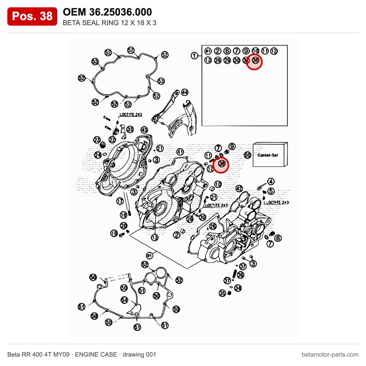 BETA SEAL RING 12 X 18 X 3 – OEM 36.25036.000, position 38 on the Beta RR 400 4T MY09 engine case drawing
