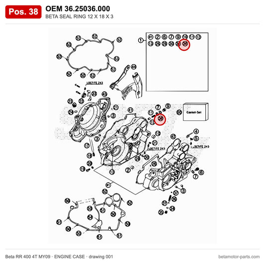 BETA SEAL RING 12 X 18 X 3 – OEM 36.25036.000, position 38 on the Beta RR 400 4T MY09 engine case drawing