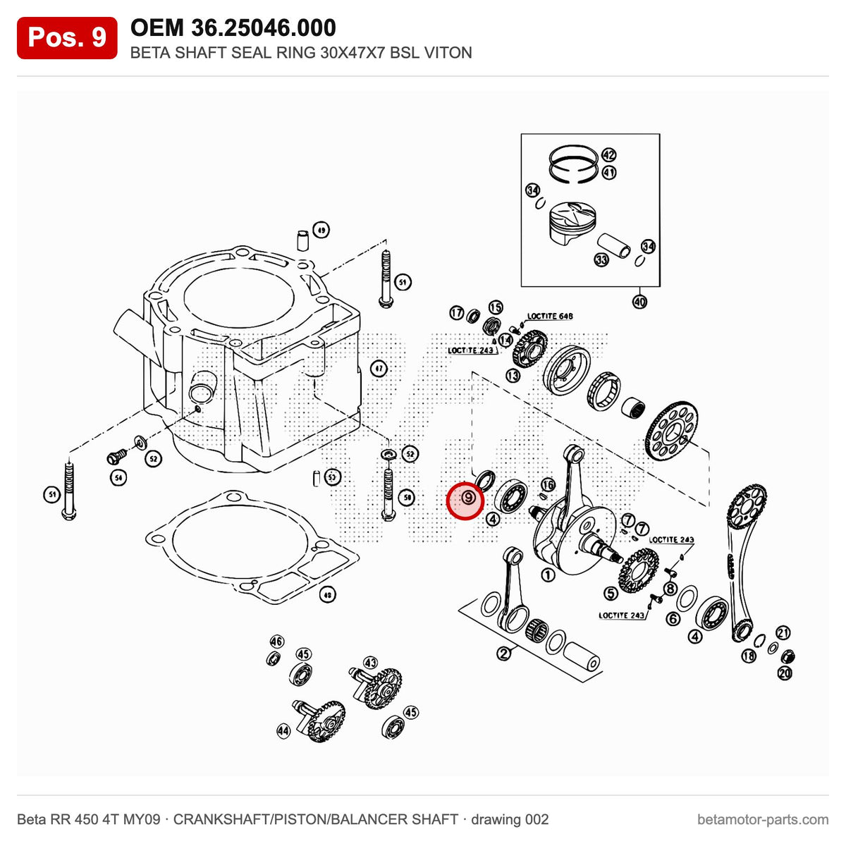 BETA SHAFT SEAL RING 30X47X7 BSL VITON – OEM 36.25046.000, position 9 on the Beta RR 450 4T MY09 crankshaft/piston/balancer shaft drawing