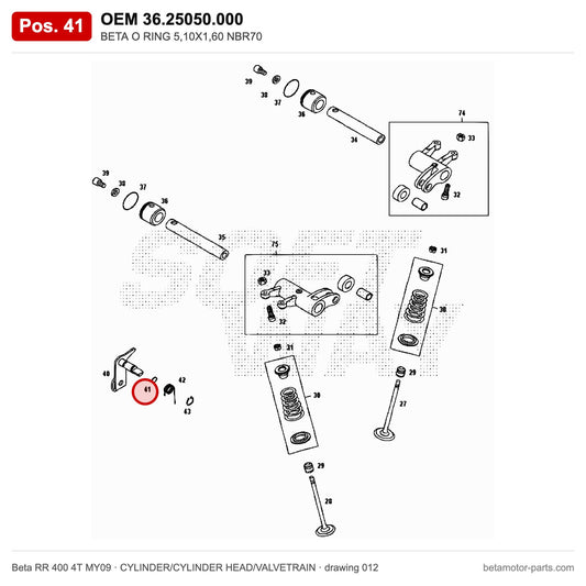 BETA O RING 5,10X1,60 NBR70 – OEM 36.25050.000, position 41 on the Beta RR 400 4T MY09 cylinder/cylinder head/valvetrain drawing