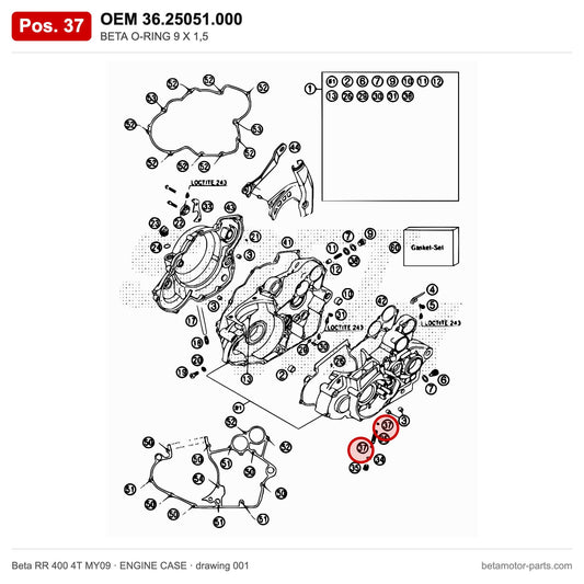 BETA O-RING 9 X 1,5 – OEM 36.25051.000, position 37 on the Beta RR 400 4T MY09 engine case drawing