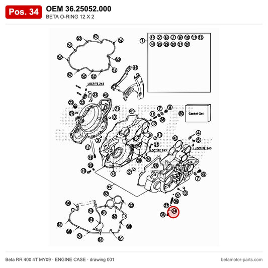 BETA O-RING 12 X 2 – OEM 36.25052.000, position 34 on the Beta RR 400 4T MY09 engine case drawing