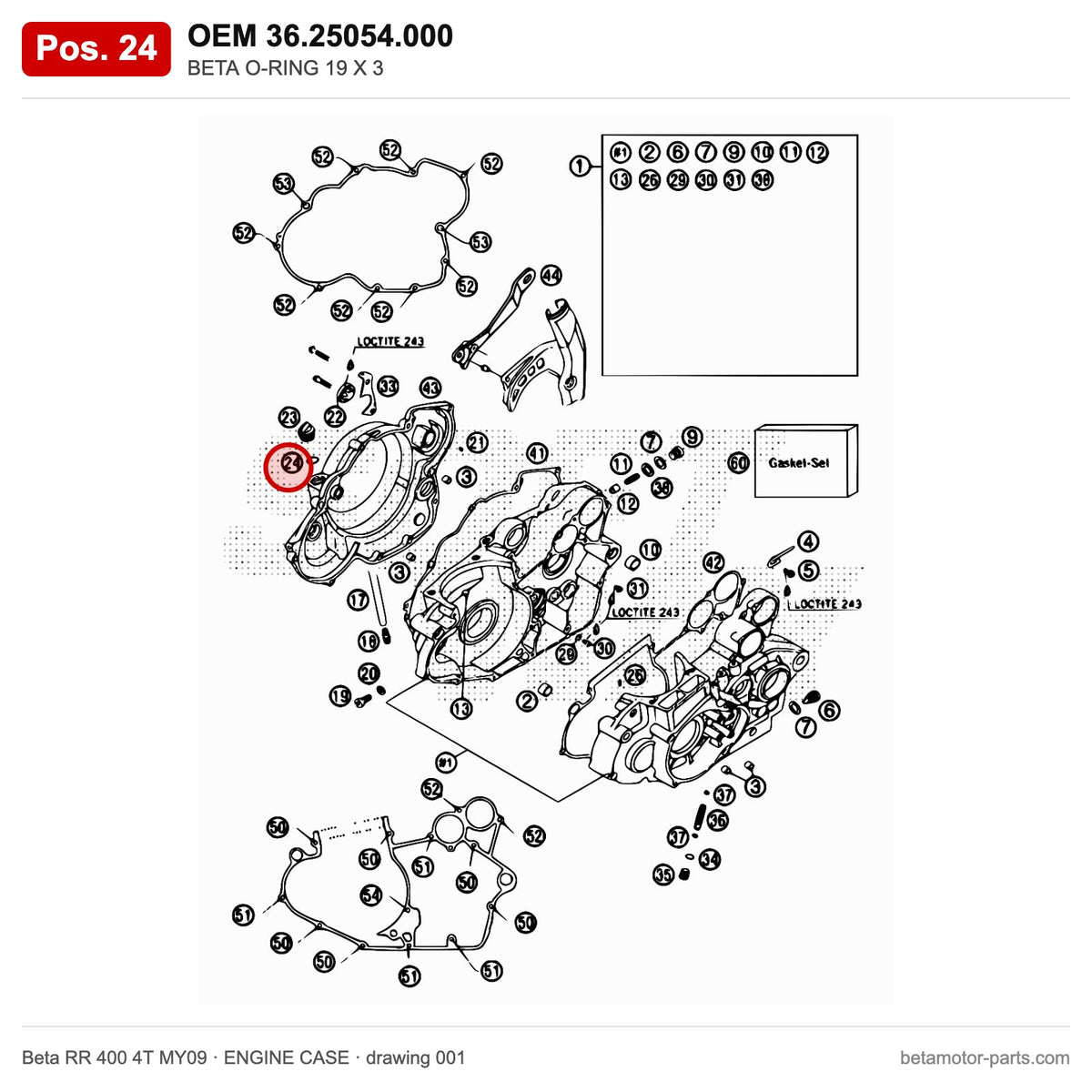 BETA O-RING 19 X 3 – OEM 36.25054.000, position 24 on the Beta RR 400 4T MY09 engine case drawing