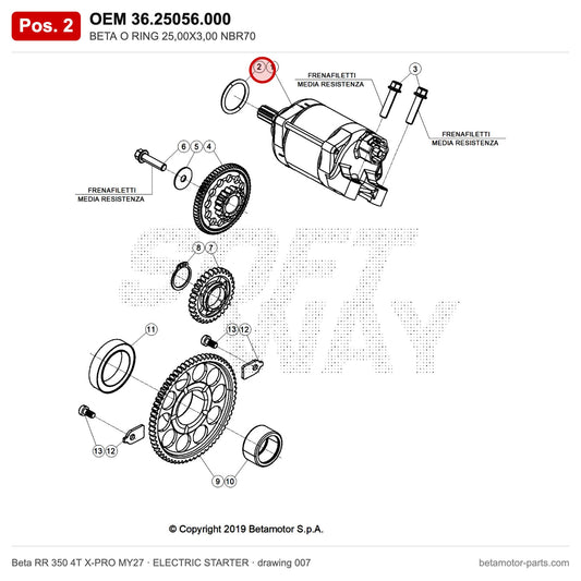 BETA O RING 25,00X3,00 NBR70 – OEM 36.25056.000, position 2 on the Beta RR 350 4T X-PRO MY27 elettricstarter drawing