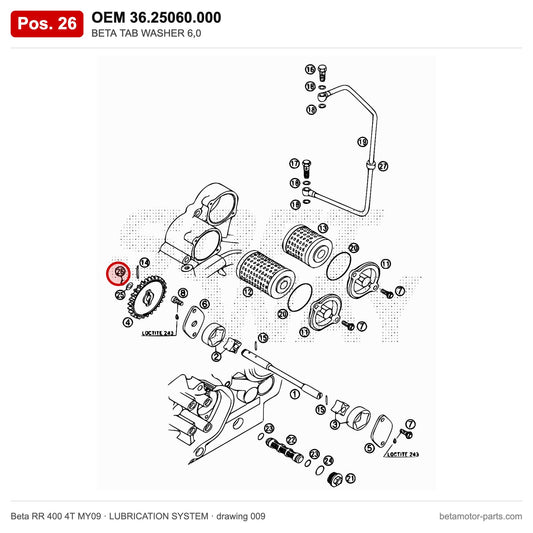 BETA TAB WASHER 6,0 – OEM 36.25060.000, position 26 on the Beta RR 400 4T MY09 lubrication system drawing
