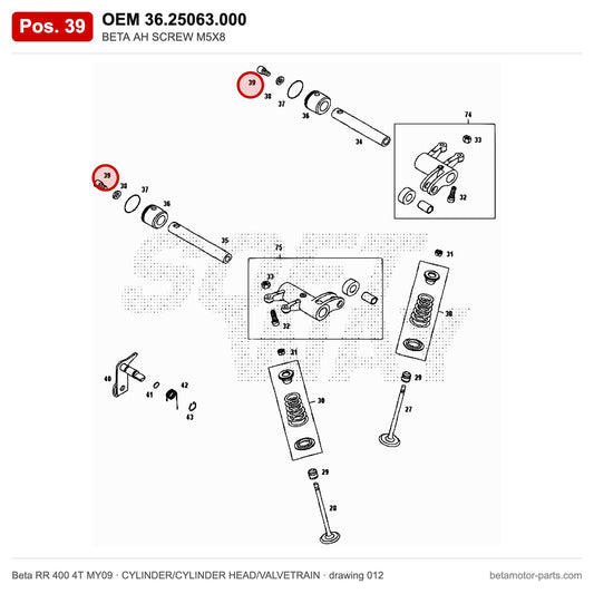 BETA AH SCREW M5X8 – OEM 36.25063.000, position 39 on the Beta RR 400 4T MY09 cylinder/cylinder head/valvetrain drawing