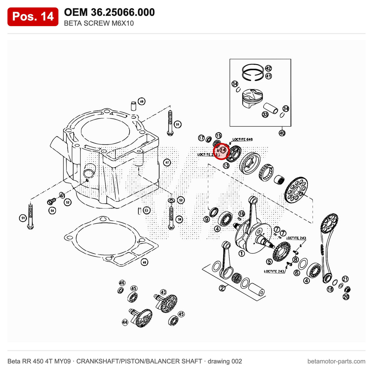 BETA SCREW M6X10 – OEM 36.25066.000, position 14 on the Beta RR 450 4T MY09 crankshaft/piston/balancer shaft drawing