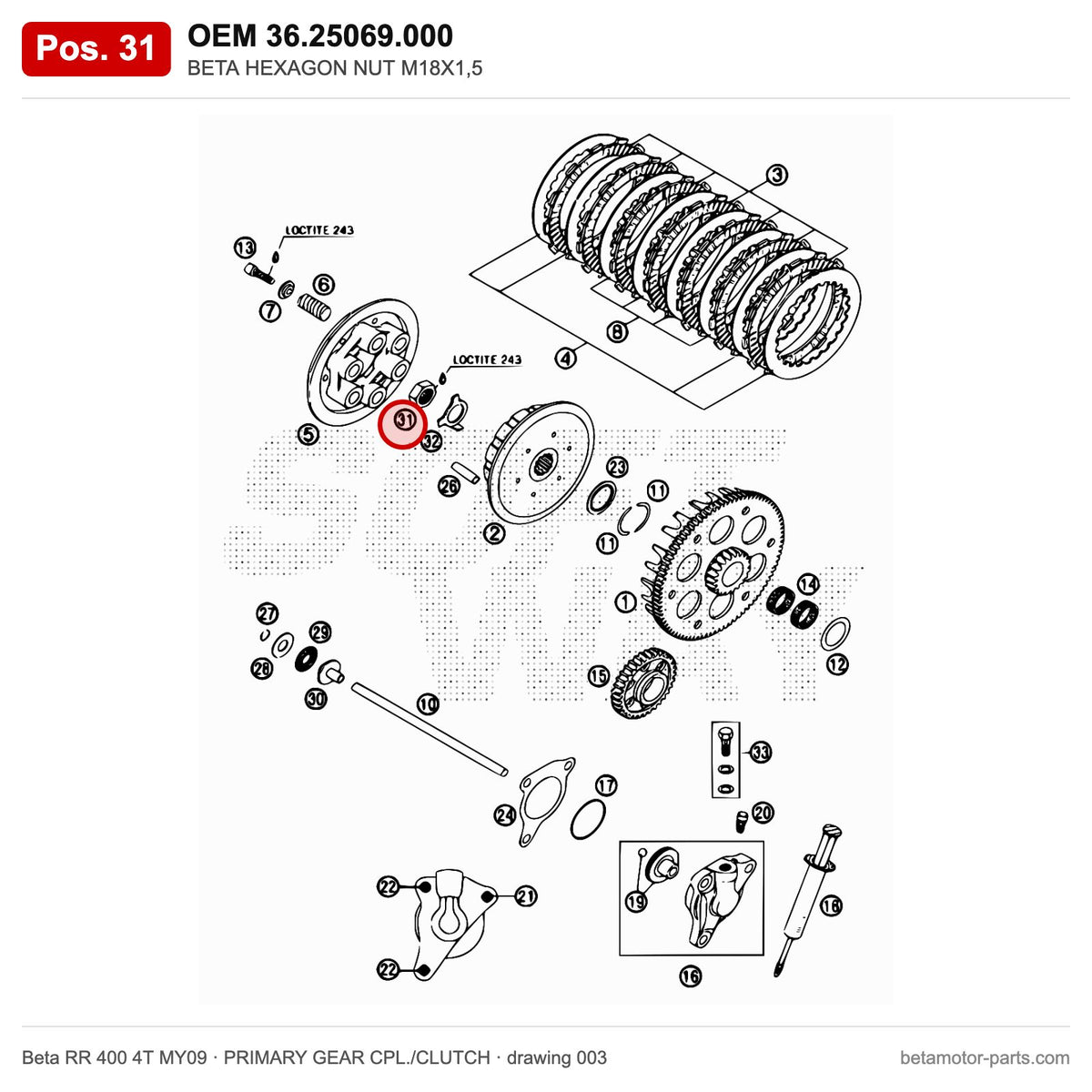 BETA HEXAGON NUT M18X1,5 – OEM 36.25069.000, position 31 on the Beta RR 400 4T MY09 primary gear cpl./clutch drawing