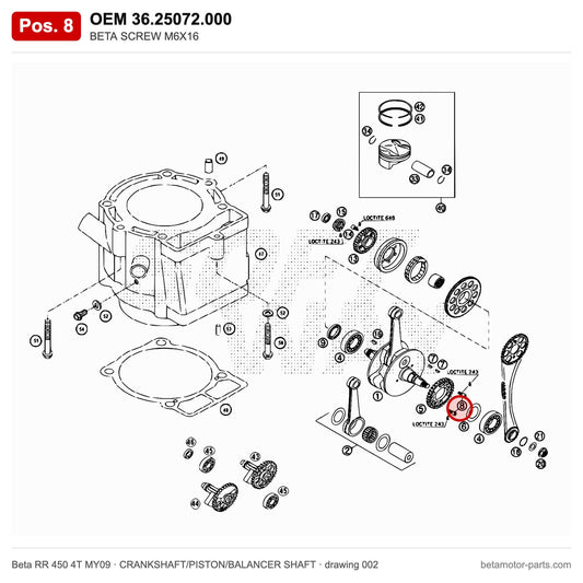BETA SCREW M6X16 – OEM 36.25072.000, position 8 on the Beta RR 450 4T MY09 crankshaft/piston/balancer shaft drawing