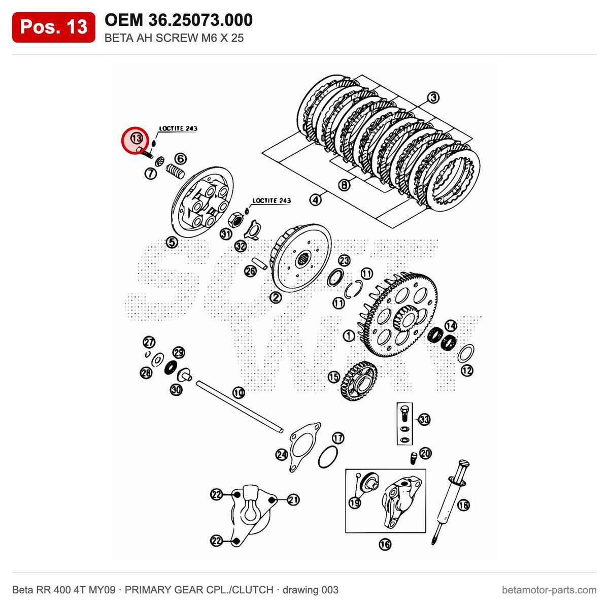 BETA AH SCREW M6 X 25 – OEM 36.25073.000, position 13 on the Beta RR 400 4T MY09 primary gear cpl./clutch drawing