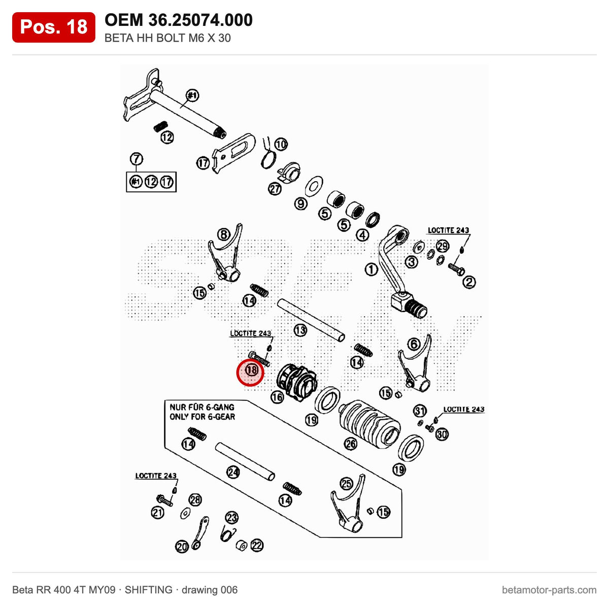 BETA HH BOLT M6 X 30 – OEM 36.25074.000, position 18 on the Beta RR 400 4T MY09 shifting drawing