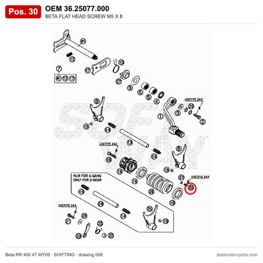 BETA FLAT HEAD SCREW M5 X 8 – OEM 36.25077.000, position 30 on the Beta RR 400 4T MY09 shifting drawing