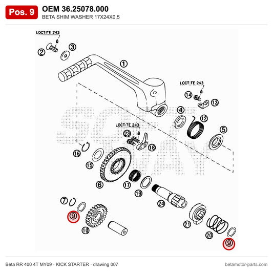 BETA SHIM WASHER 17X24X0,5 – OEM 36.25078.000, position 9 on the Beta RR 400 4T MY09 kick starter drawing