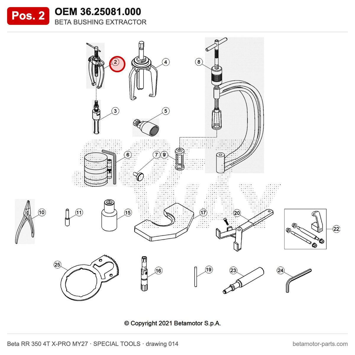 BETA BUSHING EXTRACTOR – OEM 36.25081.000, position 2 on the Beta RR 350 4T X-PRO MY27 special tools drawing