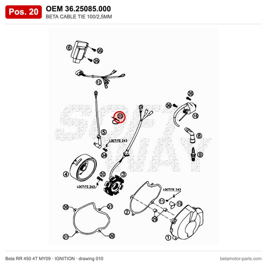 BETA CABLE TIE 100/2,5MM – OEM 36.25085.000, position 20 on the Beta RR 450 4T MY09 ignition drawing