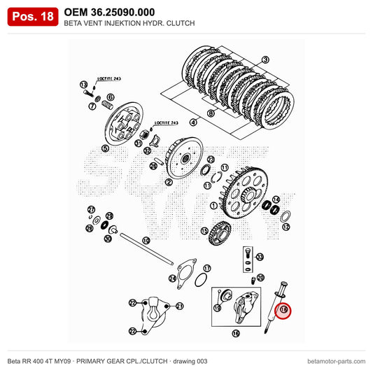 BETA VENT INJEKTION HYDR. CLUTCH – OEM 36.25090.000, position 18 on the Beta RR 400 4T MY09 primary gear cpl./clutch drawing