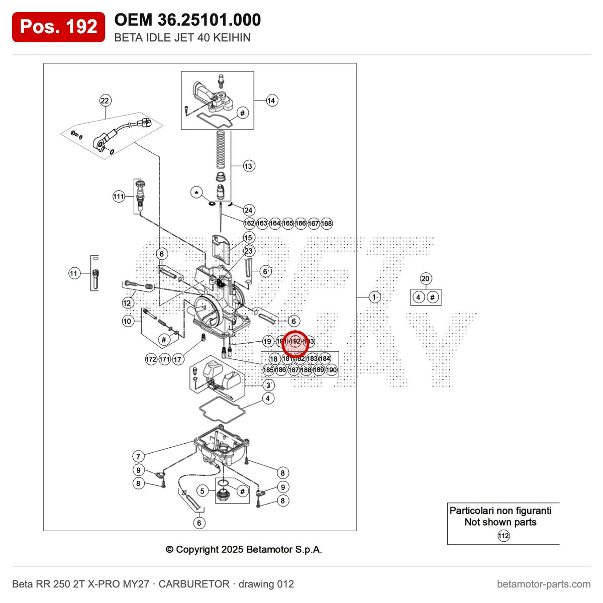 BETA IDLE JET 40 KEIHIN – OEM 36.25101.000, position 192 on the Beta RR 250 2T X-PRO MY27 carburetor drawing