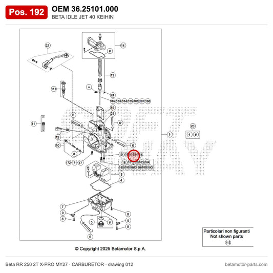 BETA IDLE JET 40 KEIHIN – OEM 36.25101.000, position 192 on the Beta RR 250 2T X-PRO MY27 carburetor drawing
