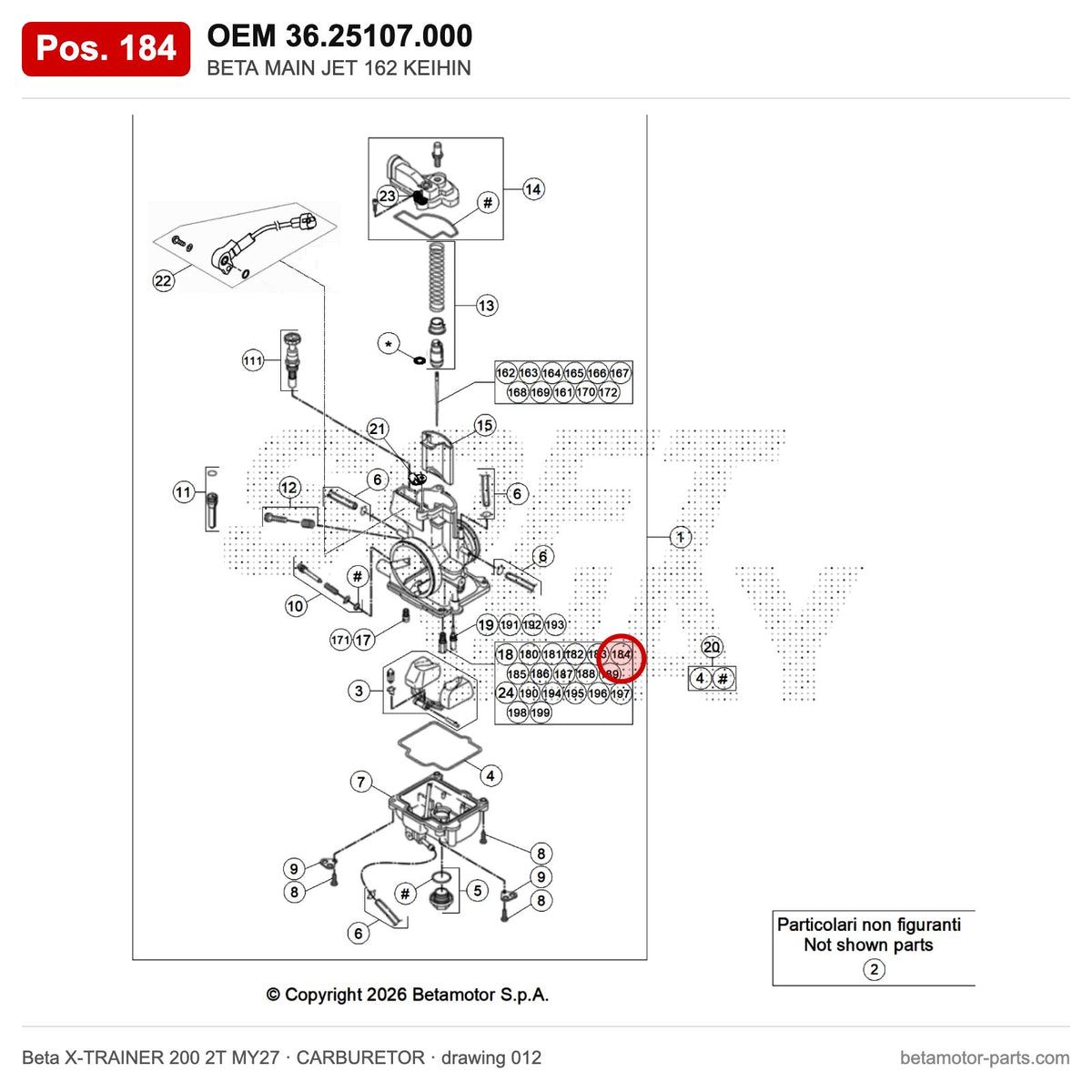 BETA MAIN JET 162 KEIHIN – OEM 36.25107.000, position 184 on the Beta X-TRAINER 200 2T MY27 carburetor drawing