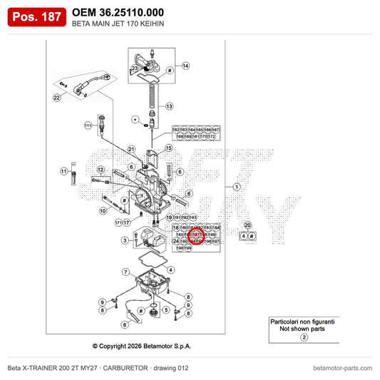 BETA MAIN JET 170 KEIHIN – OEM 36.25110.000, position 187 on the Beta X-TRAINER 200 2T MY27 carburetor drawing