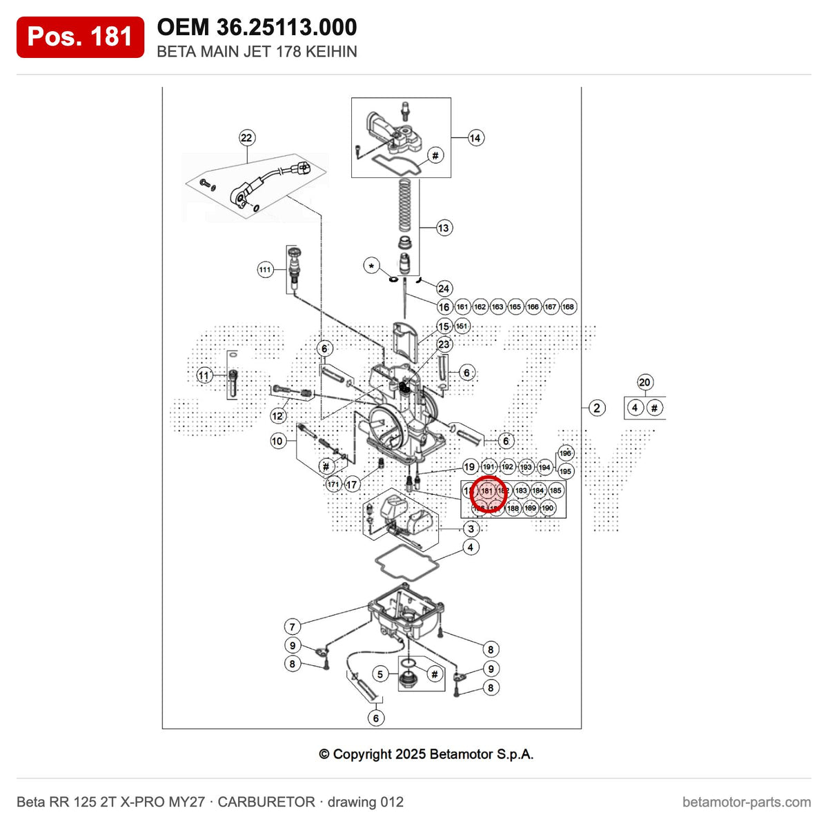 BETA MAIN JET 178 KEIHIN – OEM 36.25113.000, position 181 on the Beta RR 125 2T X-PRO MY27 carburetor drawing