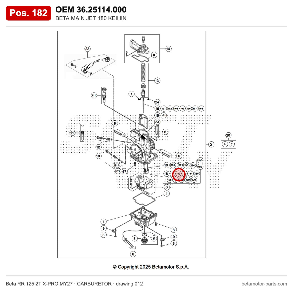 BETA MAIN JET 180 KEIHIN – OEM 36.25114.000, position 182 on the Beta RR 125 2T X-PRO MY27 carburetor drawing