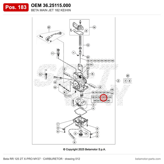 BETA MAIN JET 182 KEIHIN – OEM 36.25115.000, position 183 on the Beta RR 125 2T X-PRO MY27 carburetor drawing
