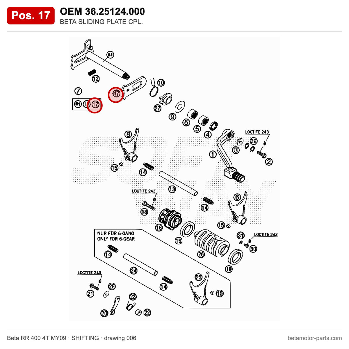 BETA SLIDING PLATE CPL. – OEM 36.25124.000, position 17 on the Beta RR 400 4T MY09 shifting drawing