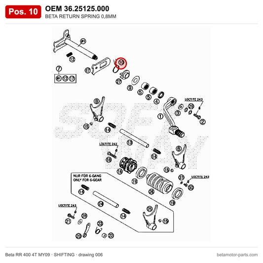 BETA RETURN SPRING 0,8MM – OEM 36.25125.000, position 10 on the Beta RR 400 4T MY09 shifting drawing