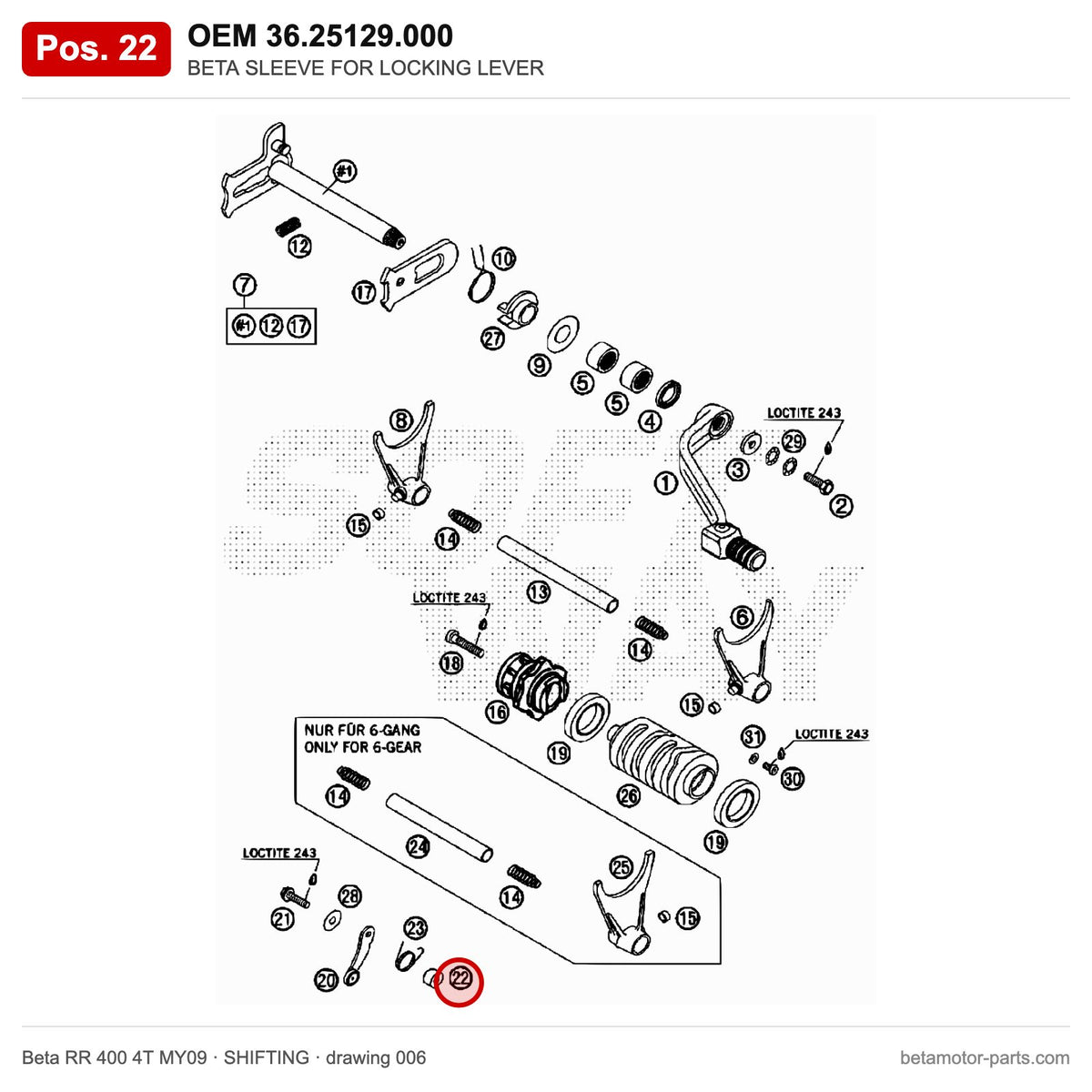 BETA SLEEVE FOR LOCKING LEVER – OEM 36.25129.000, position 22 on the Beta RR 400 4T MY09 shifting drawing