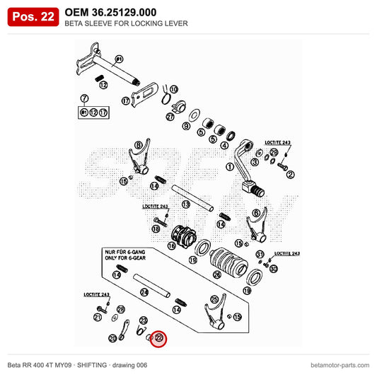 BETA SLEEVE FOR LOCKING LEVER – OEM 36.25129.000, position 22 on the Beta RR 400 4T MY09 shifting drawing