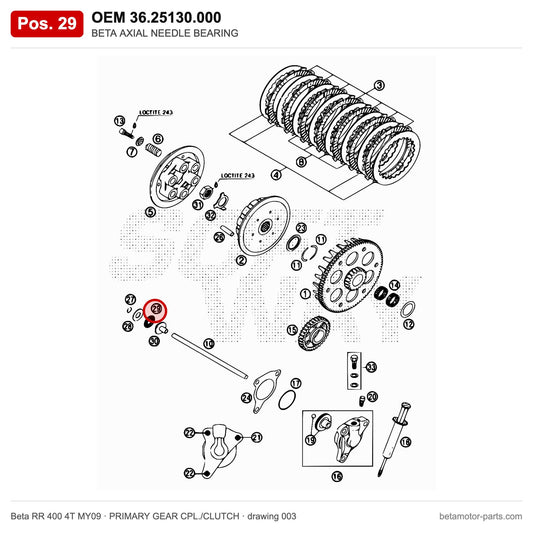 BETA AXIAL NEEDLE BEARING – OEM 36.25130.000, position 29 on the Beta RR 400 4T MY09 primary gear cpl./clutch drawing