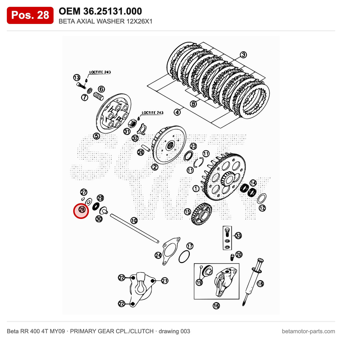 BETA AXIAL WASHER 12X26X1 – OEM 36.25131.000, position 28 on the Beta RR 400 4T MY09 primary gear cpl./clutch drawing