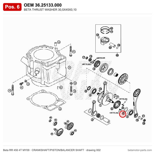BETA THRUST WASHER 30,5X45X0,10 – OEM 36.25133.000, position 6 on the Beta RR 450 4T MY09 crankshaft/piston/balancer shaft drawing