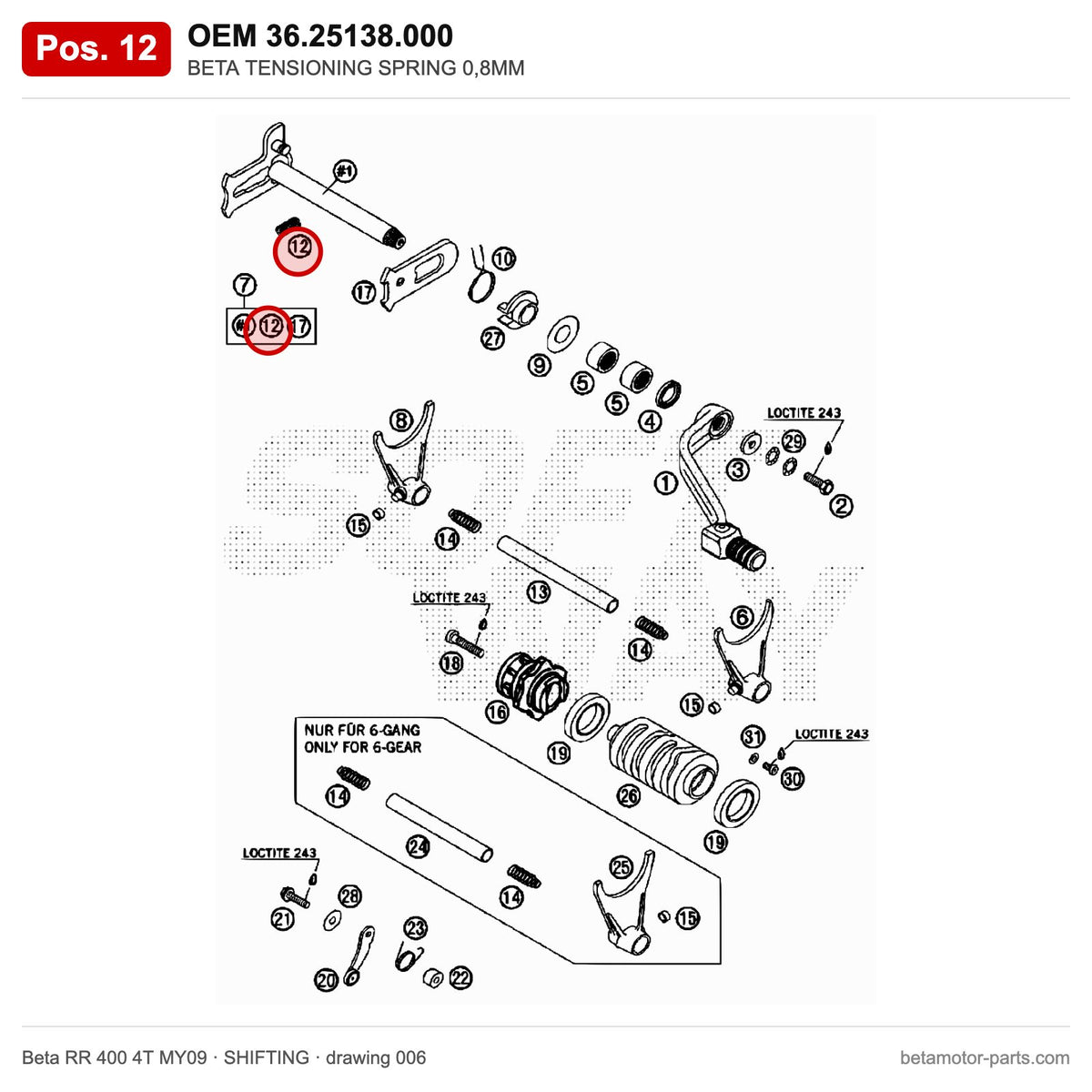 BETA TENSIONING SPRING 0,8MM – OEM 36.25138.000, position 12 on the Beta RR 400 4T MY09 shifting drawing
