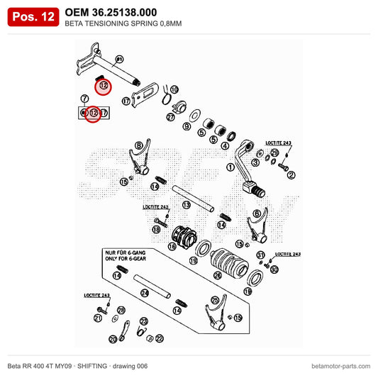 BETA TENSIONING SPRING 0,8MM – OEM 36.25138.000, position 12 on the Beta RR 400 4T MY09 shifting drawing