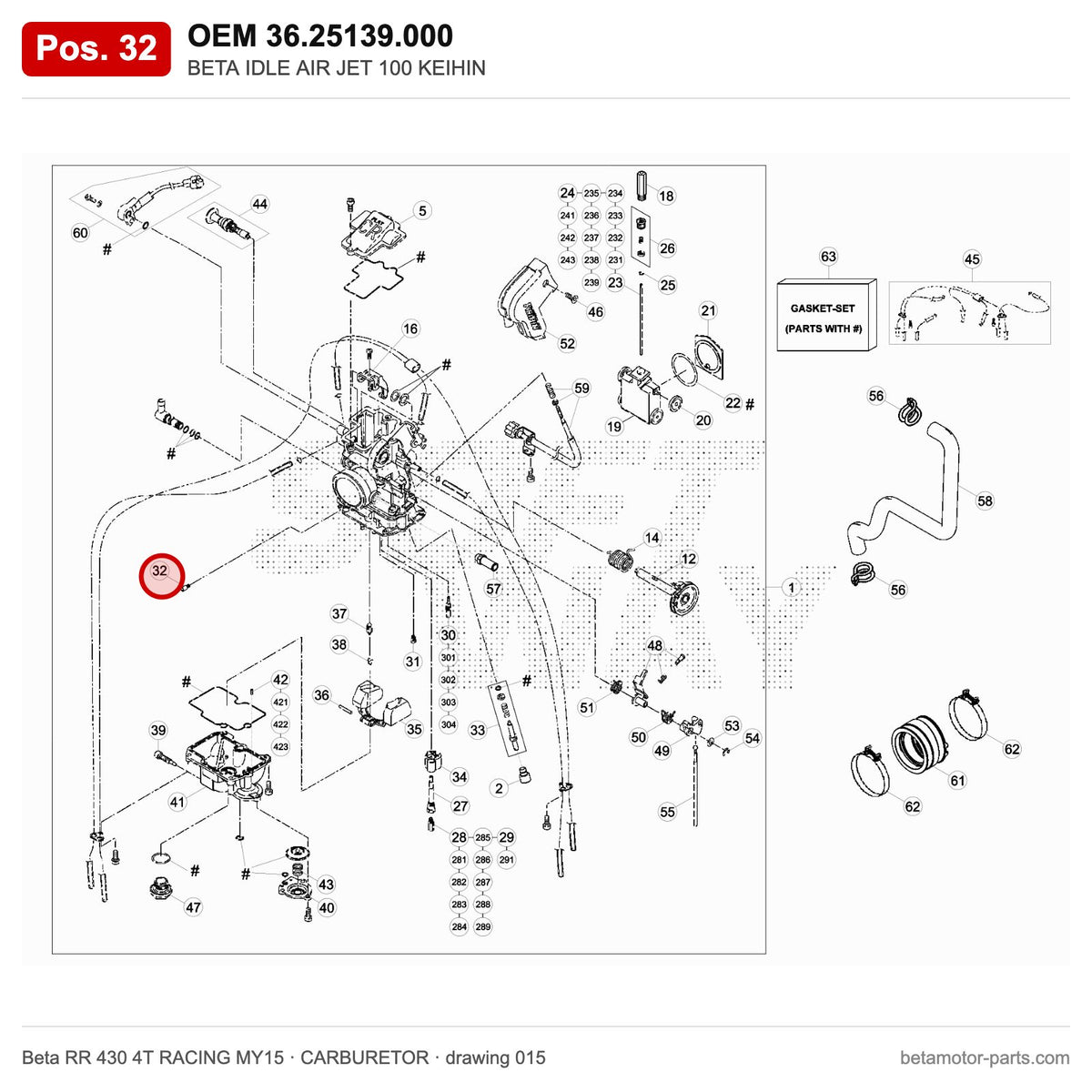 BETA IDLE AIR JET 100 KEIHIN – OEM 36.25139.000, position 32 on the Beta RR 430 4T RACING MY15 carburetor drawing