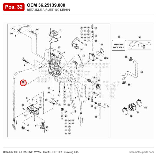 BETA IDLE AIR JET 100 KEIHIN – OEM 36.25139.000, position 32 on the Beta RR 430 4T RACING MY15 carburetor drawing