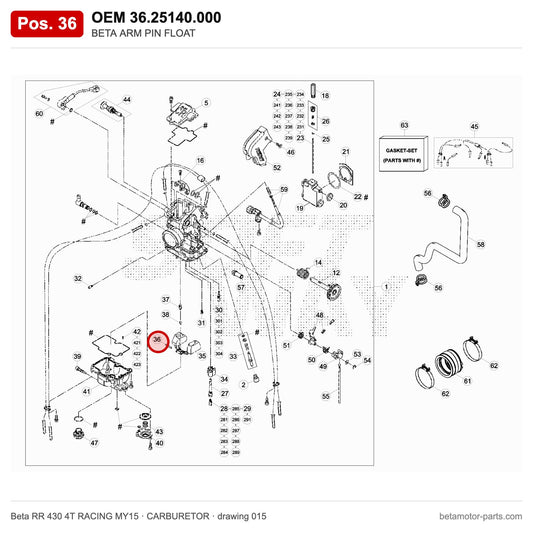 BETA ARM PIN FLOAT – OEM 36.25140.000, position 36 on the Beta RR 430 4T RACING MY15 carburetor drawing